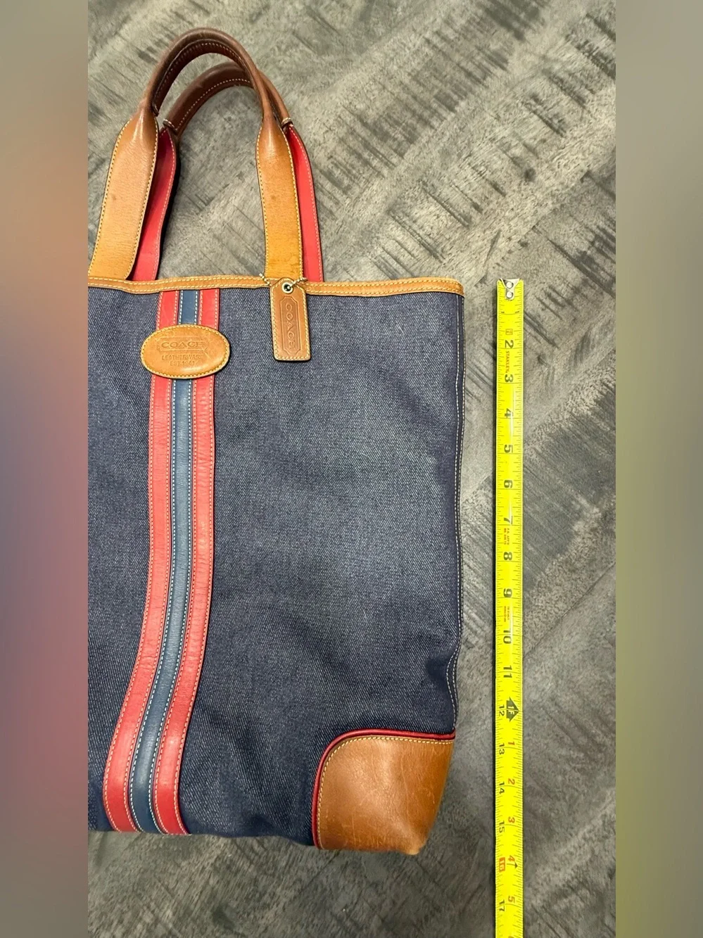 VINTAGE/Coach Navy Canvas Tote with Red and Blue Stripe and Brown Leather Trim